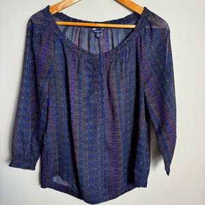 American Eagle Outfitters Navy Blue and Purple Patterned Peasant Blouse